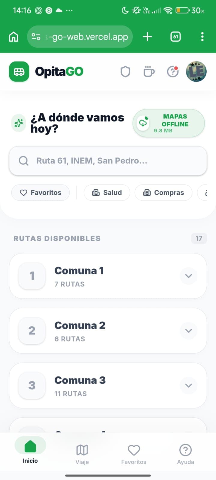Vista de app Opita Go