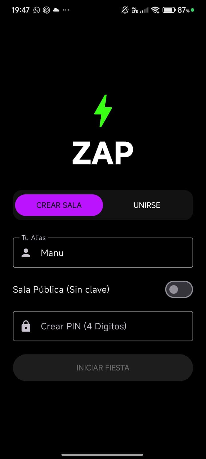 Vista de app Zap